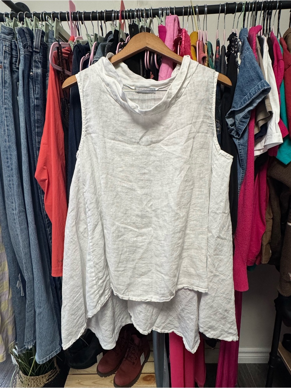 LV CLOTHING Made In Italy White 100% Linen Cowl Neck High Low Tunic